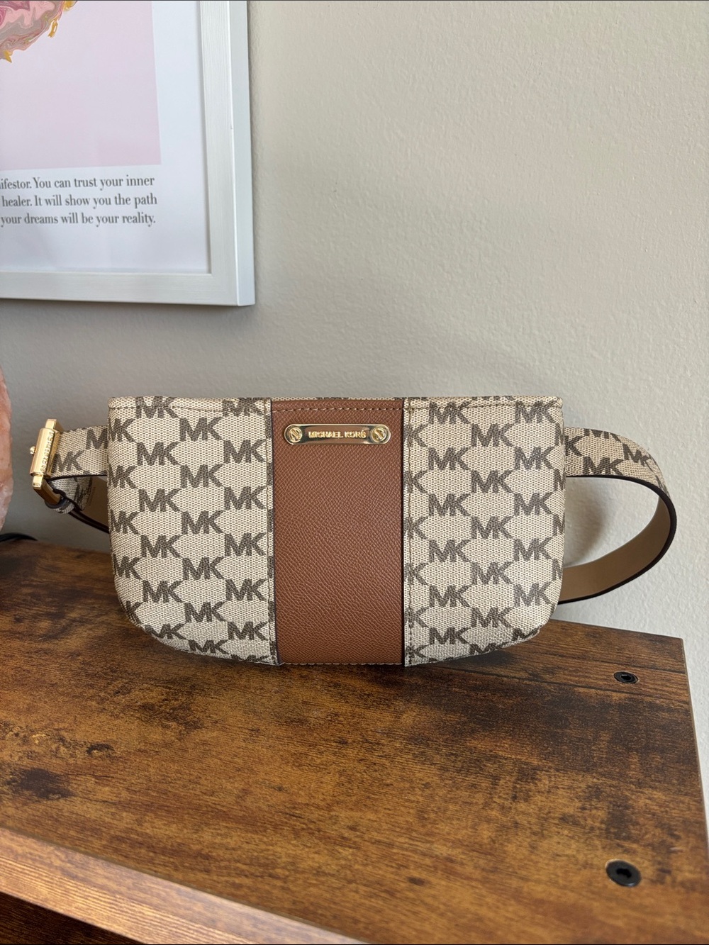 Michael Kors Cream and Brown MK Logo Crossbody Belt Bag